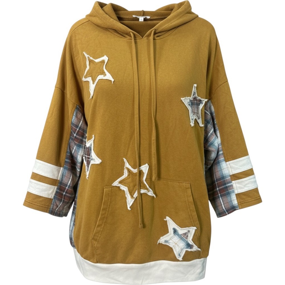 Easel Mixed Media Plaid Star Patch Hoodie Mustard Yellow Large ET70766